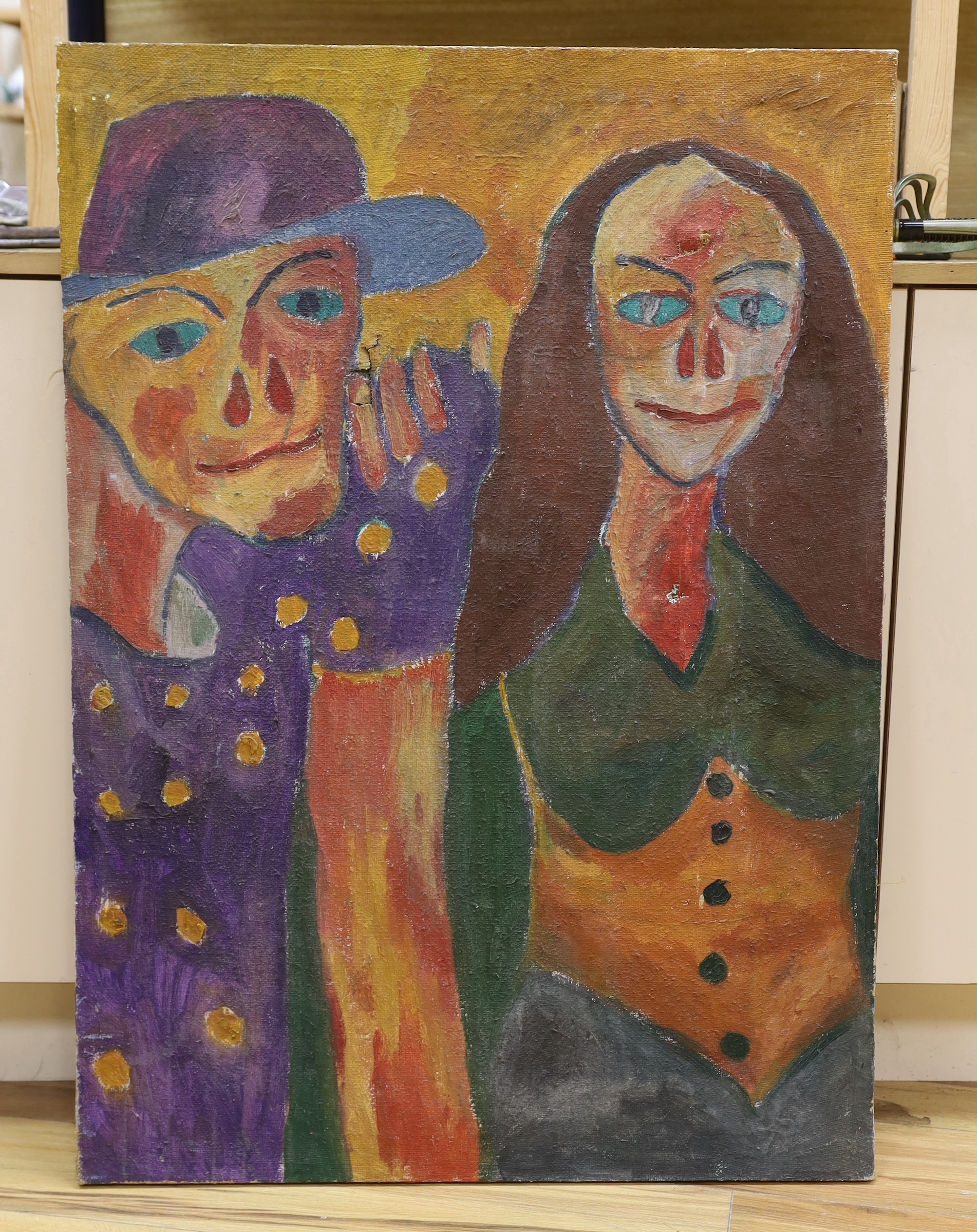 Brent Noakes (20th C.), oil on canvas, 'Two Figures', inscribed verso and dated 1970, 100 x 72cm, unframed